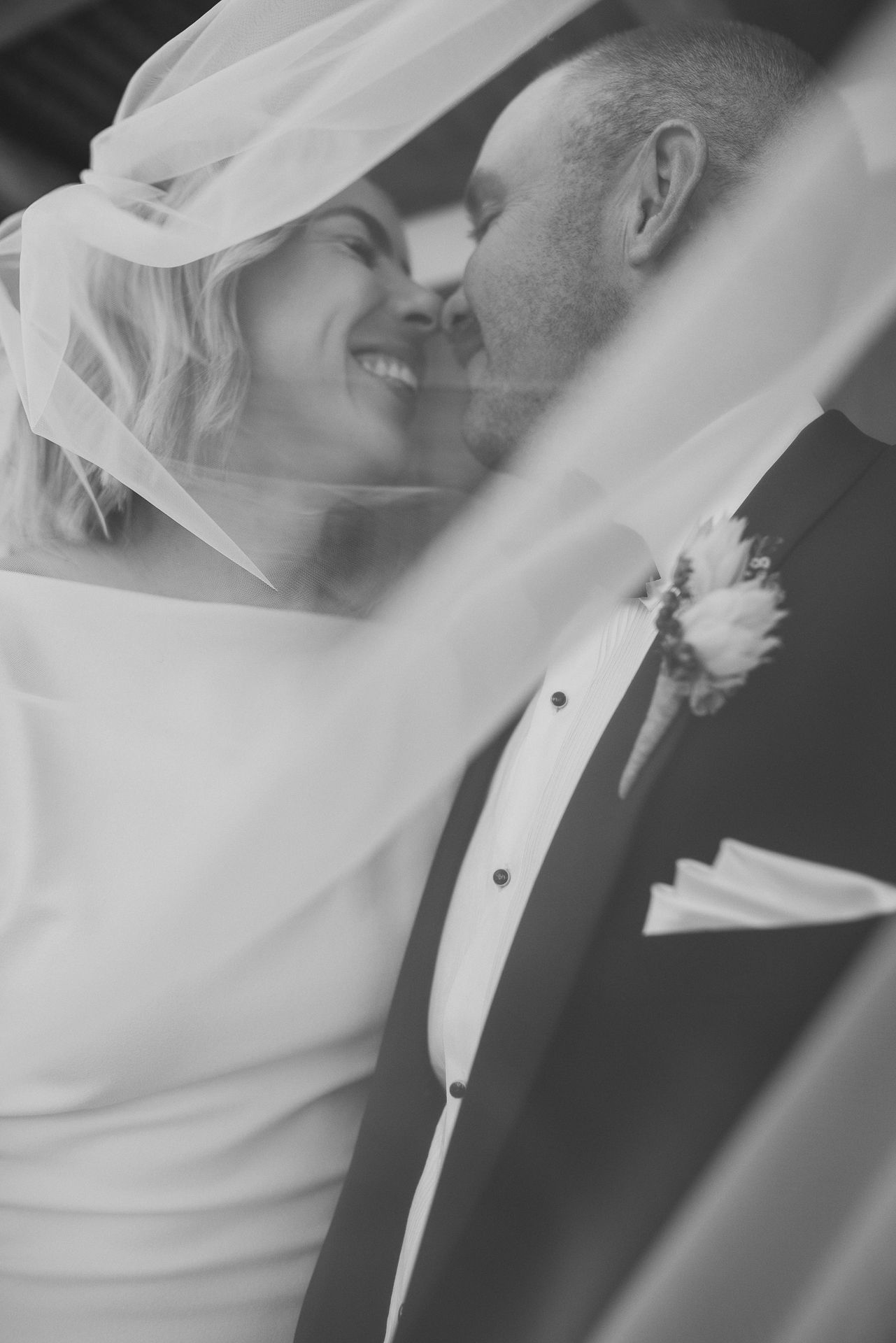 Black and white sequence of tender moments between newlyweds under bridal veil.
