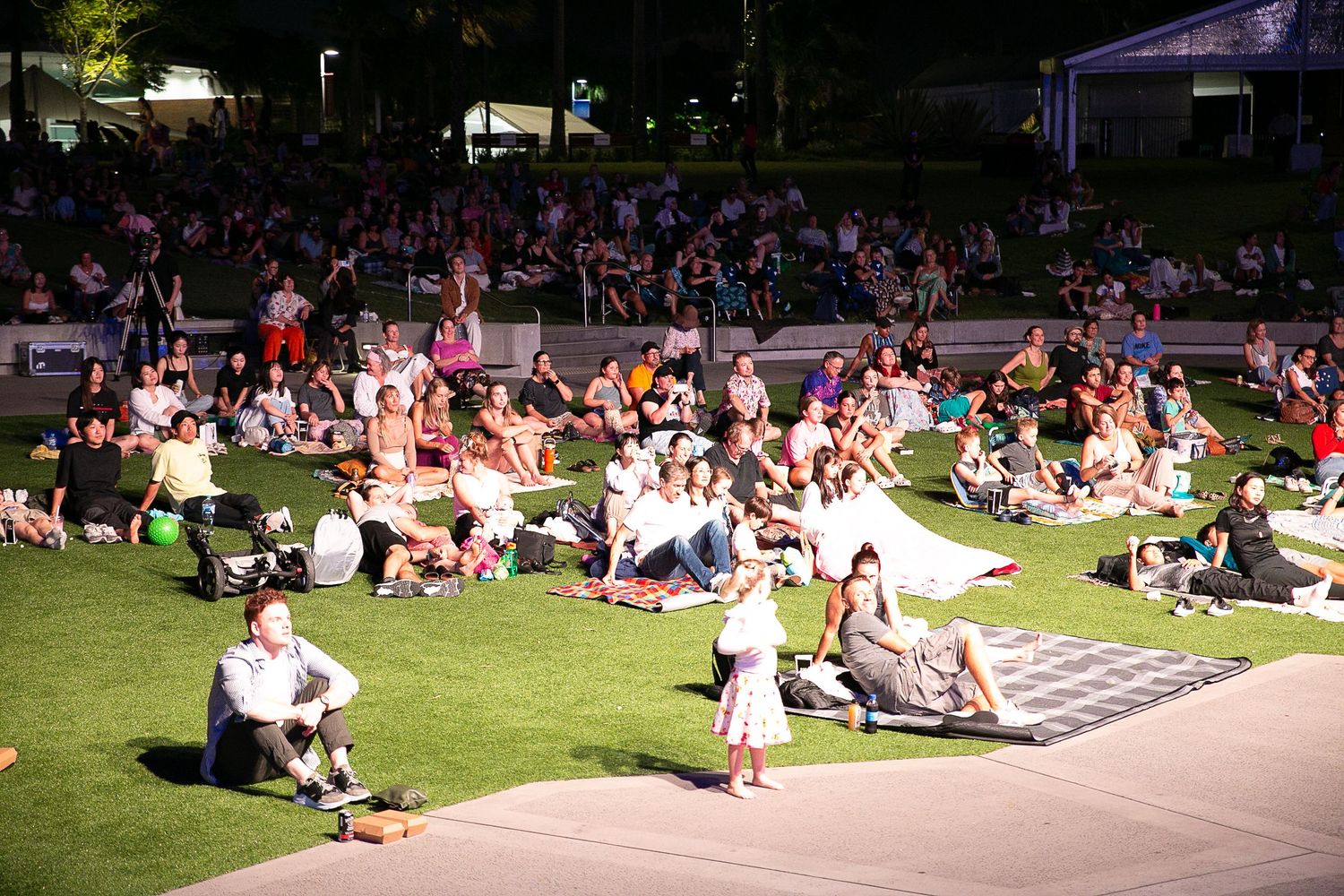 Large crowd relaxing on grass at outdoor daytime event.