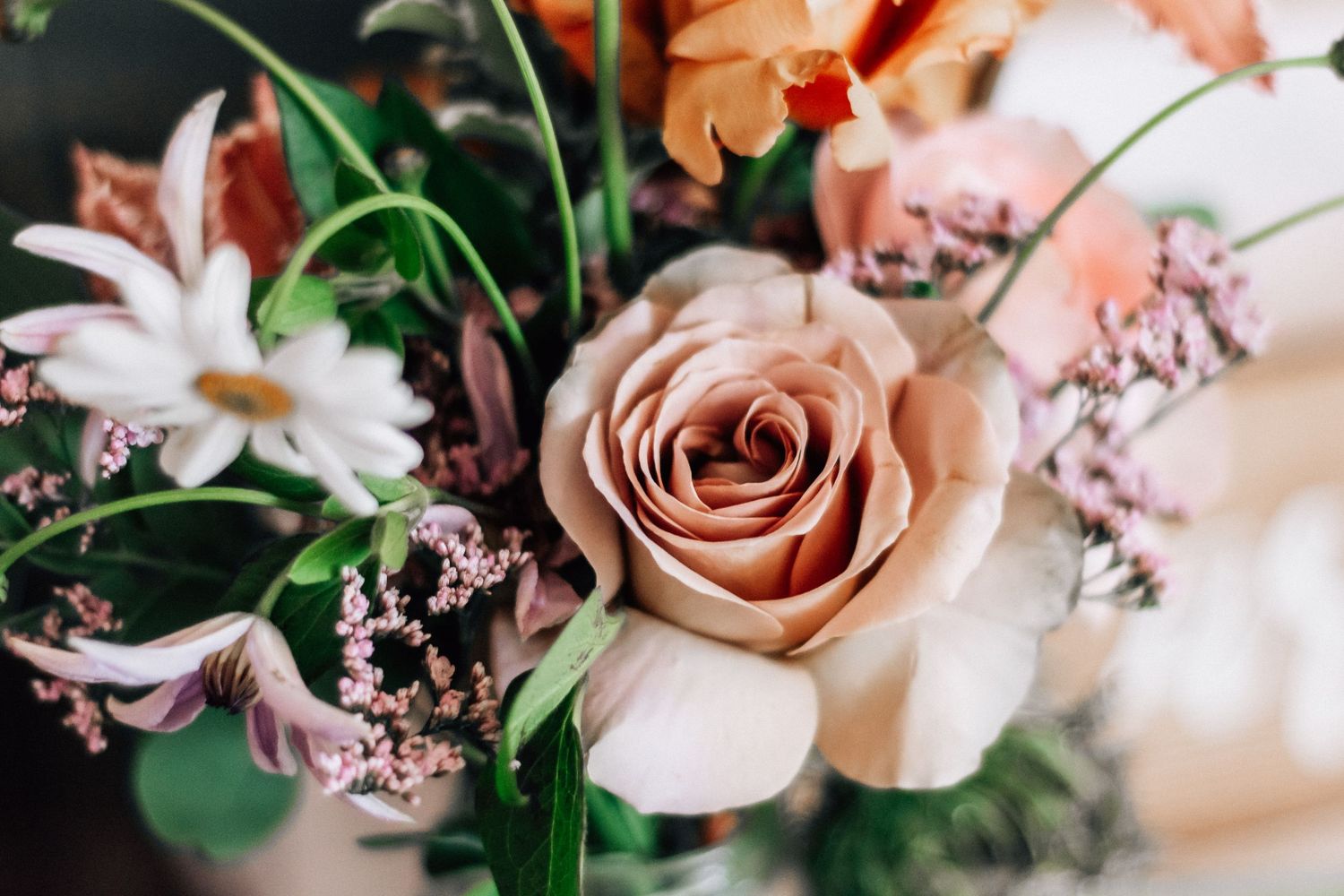 Close-up of a romantic bouquet featuring a blush rose, white daisies, and pink wildflowers with lush green foliage.