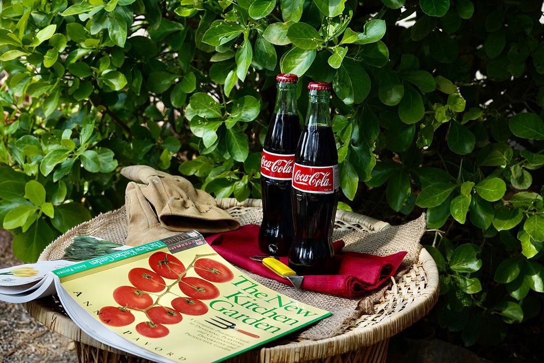 Two Coca-Cola bottles and a book arranged on a wicker tray in a garden setting.