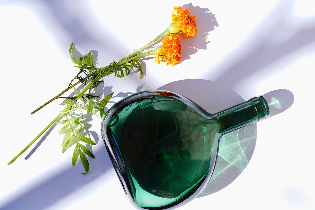 Green glass bottles with orange marigold flowers in bright sunlight.