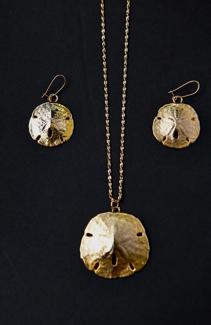 Set of gold sand dollar pendant necklace and earrings arranged artistically on black background.