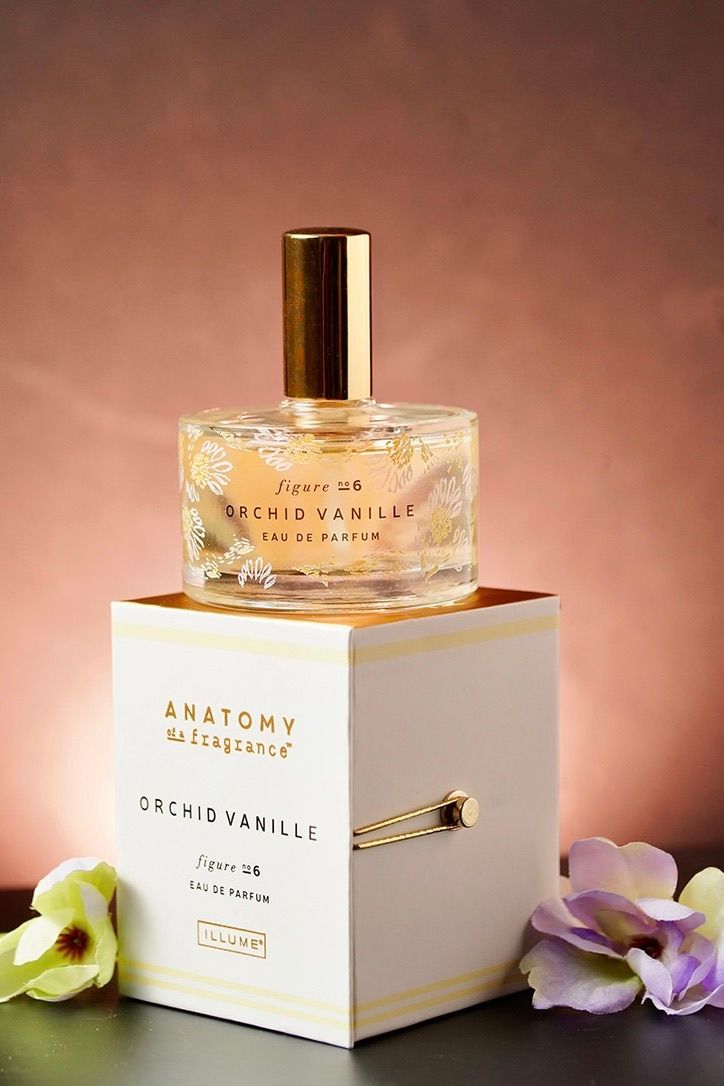 Luxury perfume bottle of Orchid Vanille fragrance with elegant packaging on rose background.