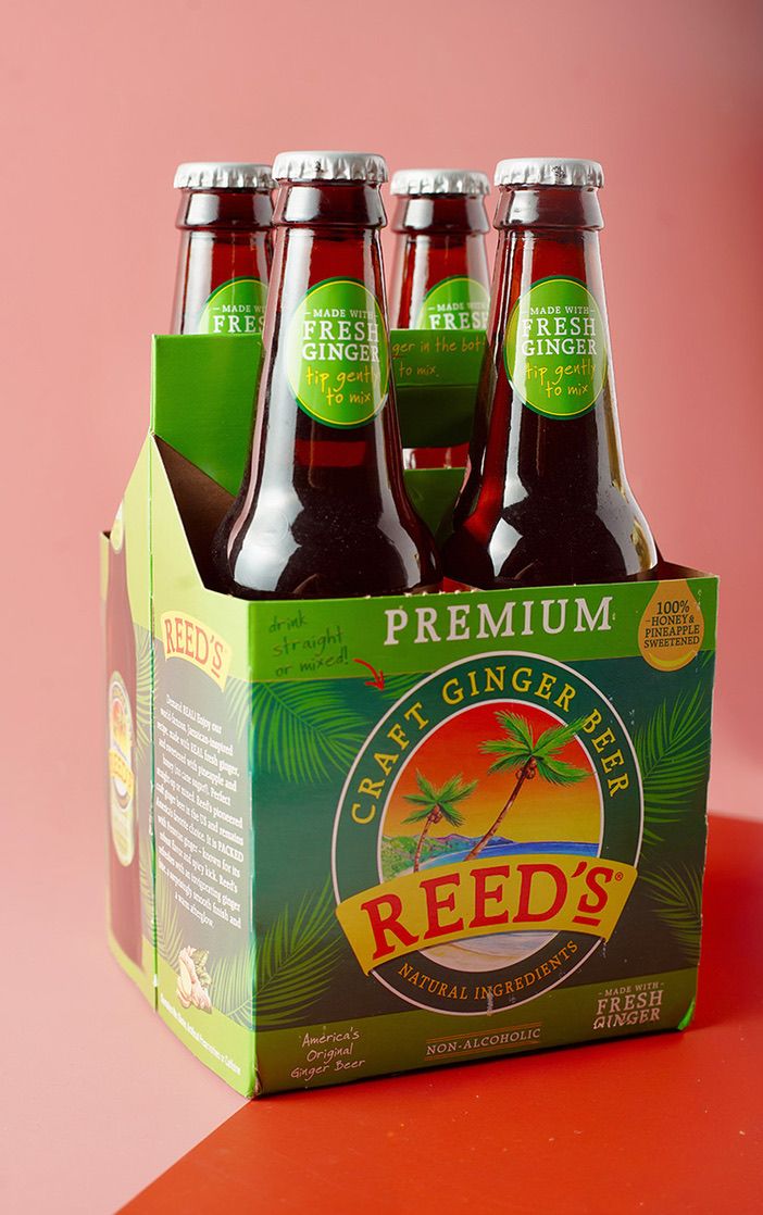 Reed's Premium Ginger Beer six-pack packaging shown from multiple angles.
