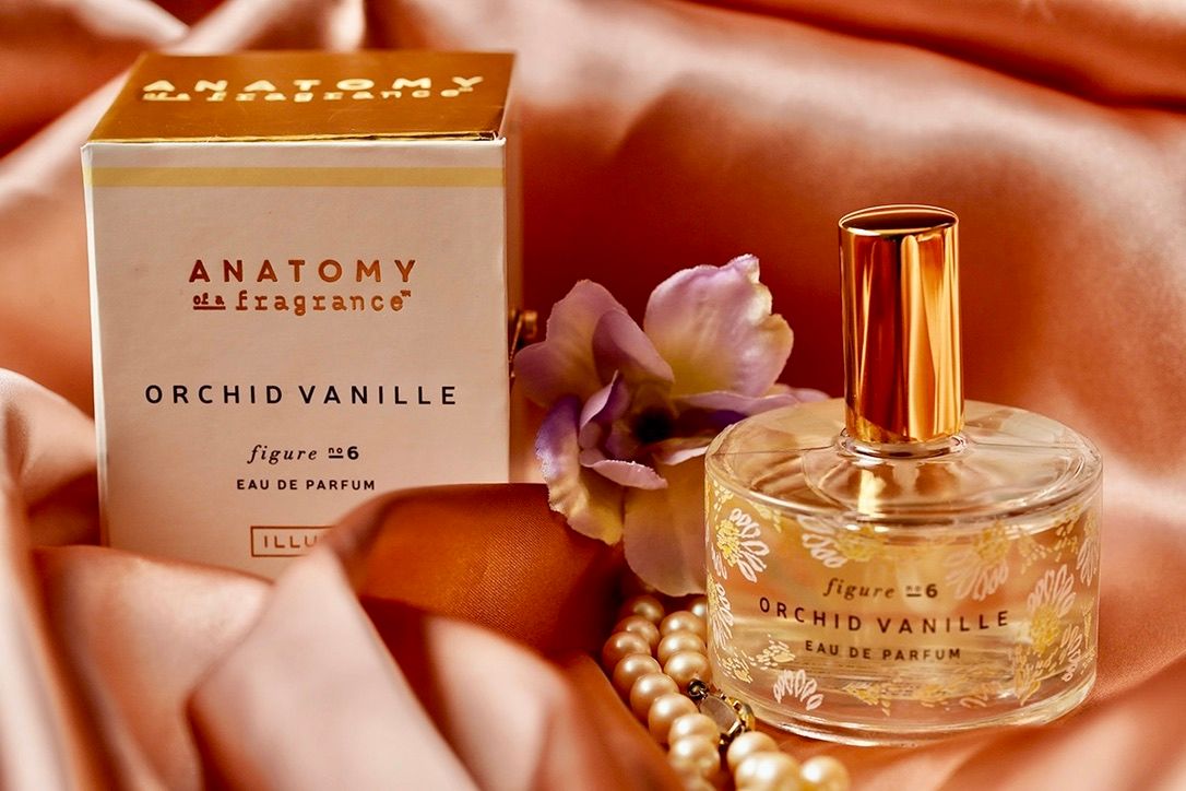 High-end fragrance bottles displayed against a warm copper-toned background.