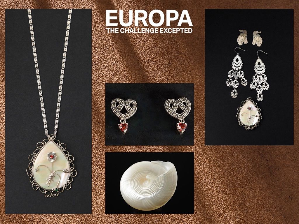 Europa branded jewelry collection featuring pearl and seashell inspired designs.