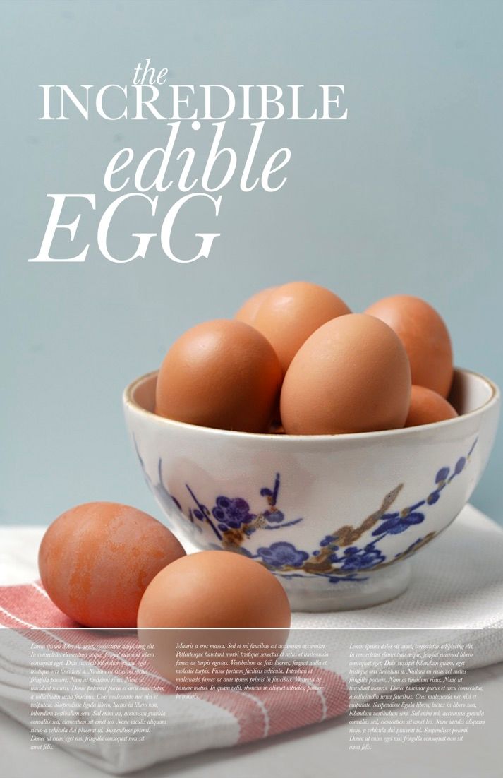 Fresh brown eggs displayed in blue and white porcelain bowl with text overlay.