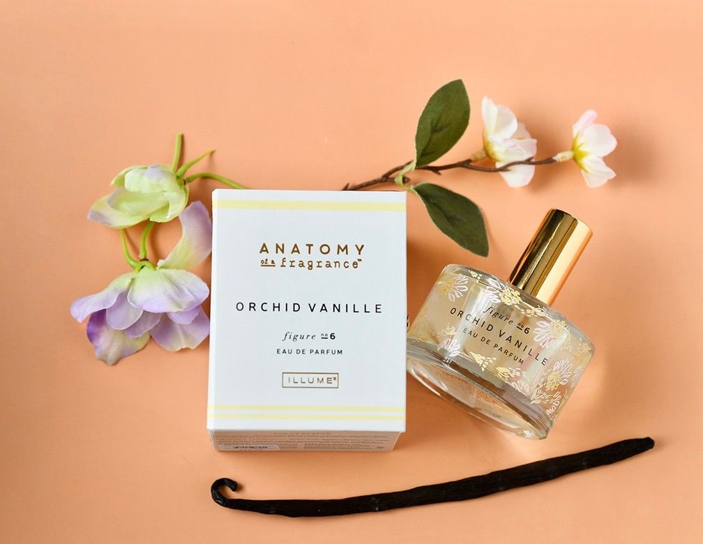 Orchid Vanille perfume bottle and packaging styled with delicate flowers on peach background.