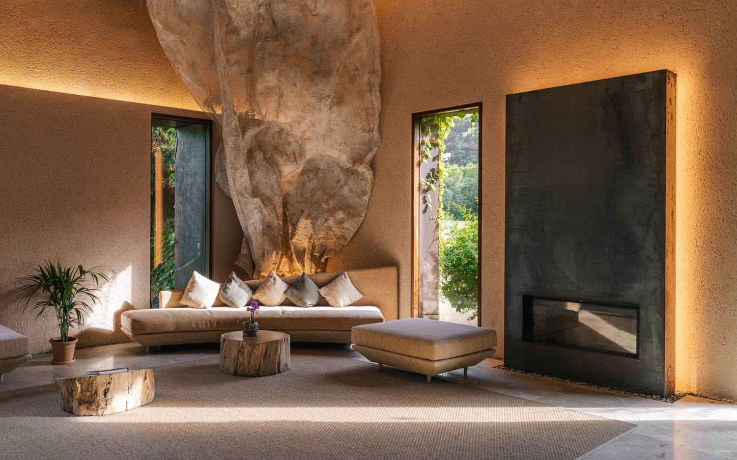 Modern spa interior with warm lighting, natural wood elements and minimalist design.