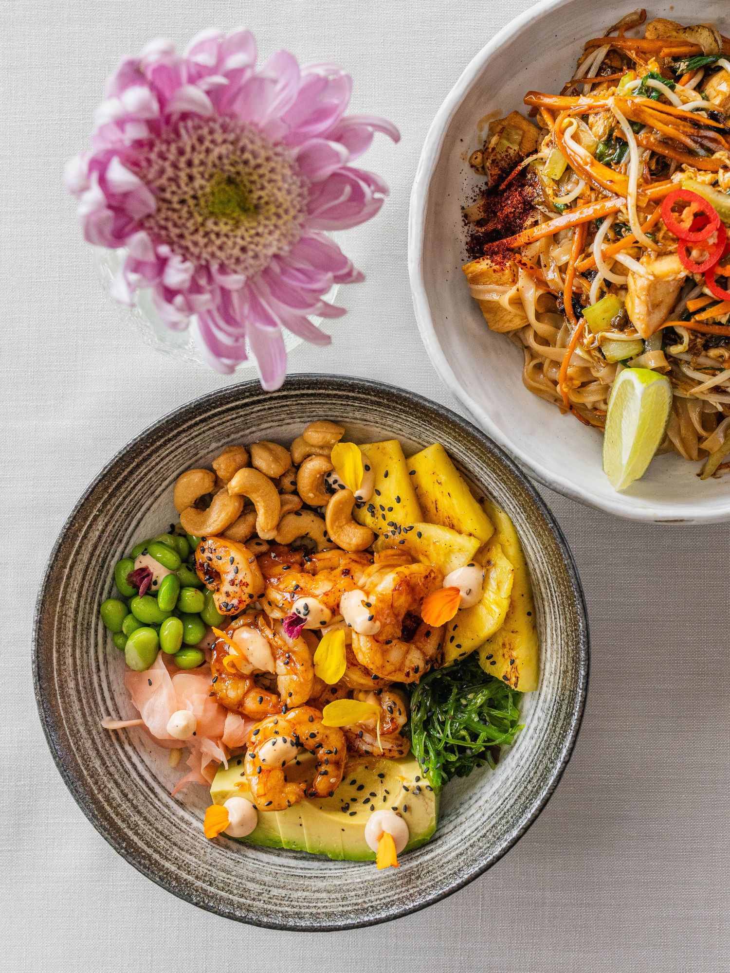 Beautifully plated Asian dishes with seafood, cashews, and fresh garnishes served on rustic ceramic plates.