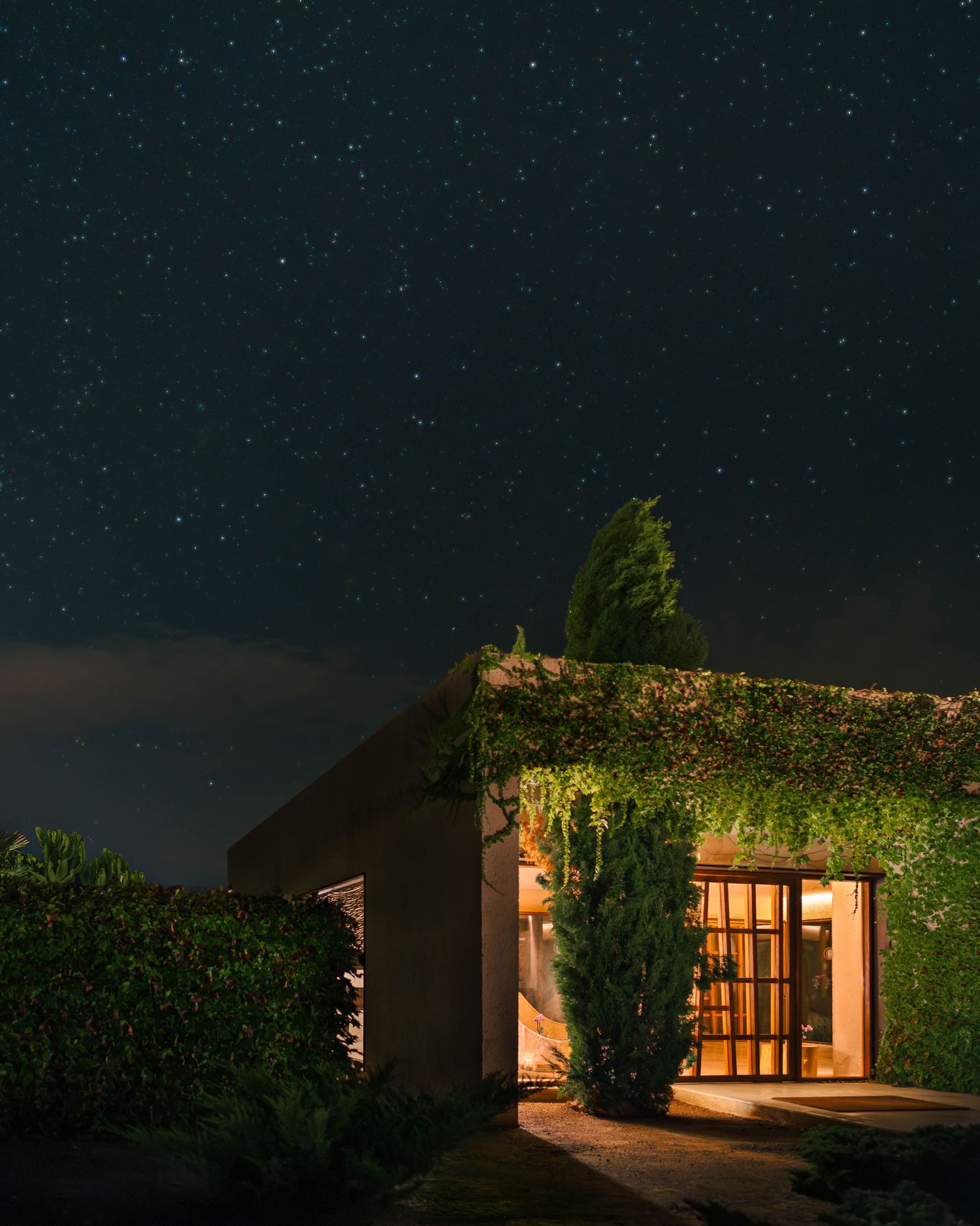 Modern villa illuminated at night under starry sky with green landscaping.