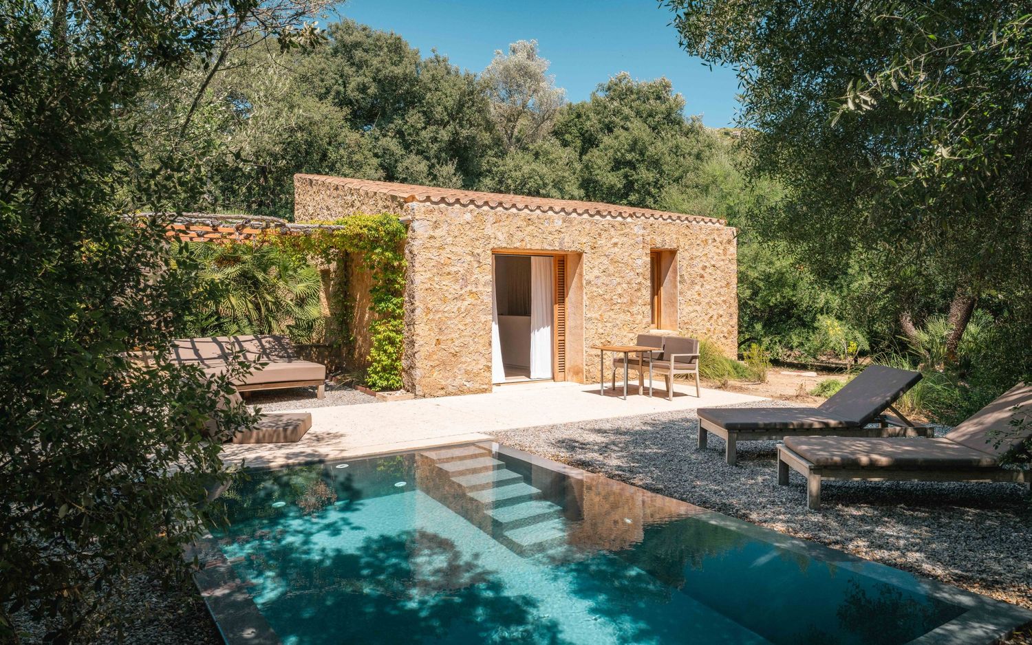 Modern stone pool house with swimming pool surrounded by Mediterranean garden.