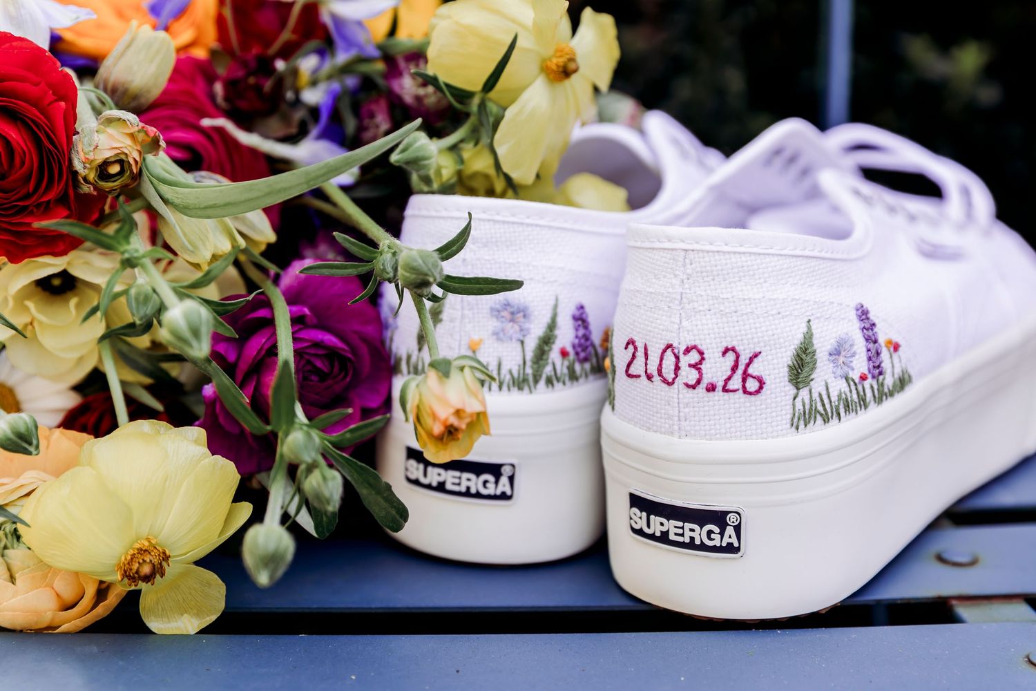 Custom painted Superga wedding shoes with floral design and date 21.03.26.