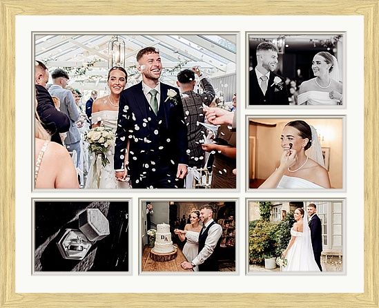 Elegant framed wedding collage displaying six memorable photos from a couple's celebration.