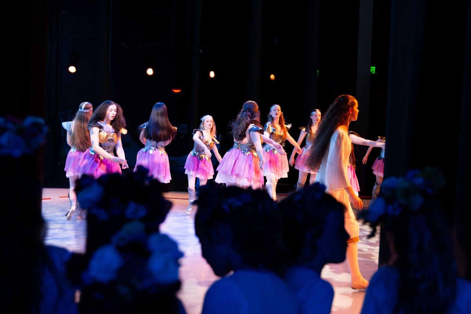 Young girls in pink tutus perform a dance recital on a dimly lit stage before an audience.