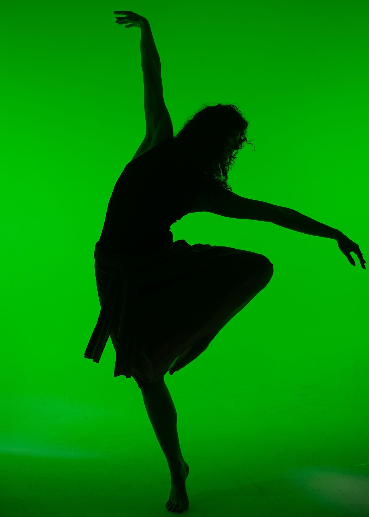 Silhouette of a dancer in an elegant pose against a vibrant green background.