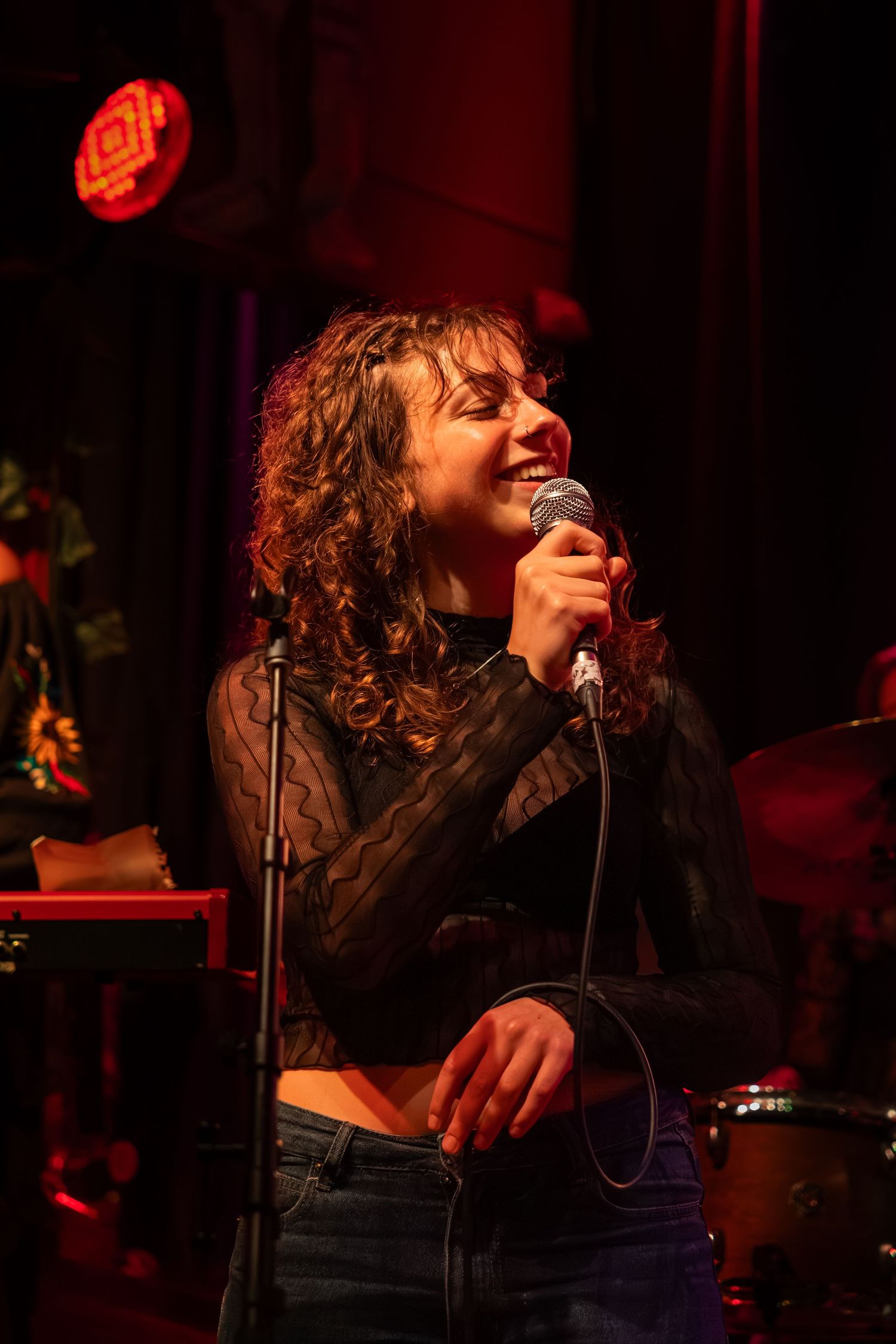 Singer performs on dimly lit stage with dramatic red lighting and microphone in hand.