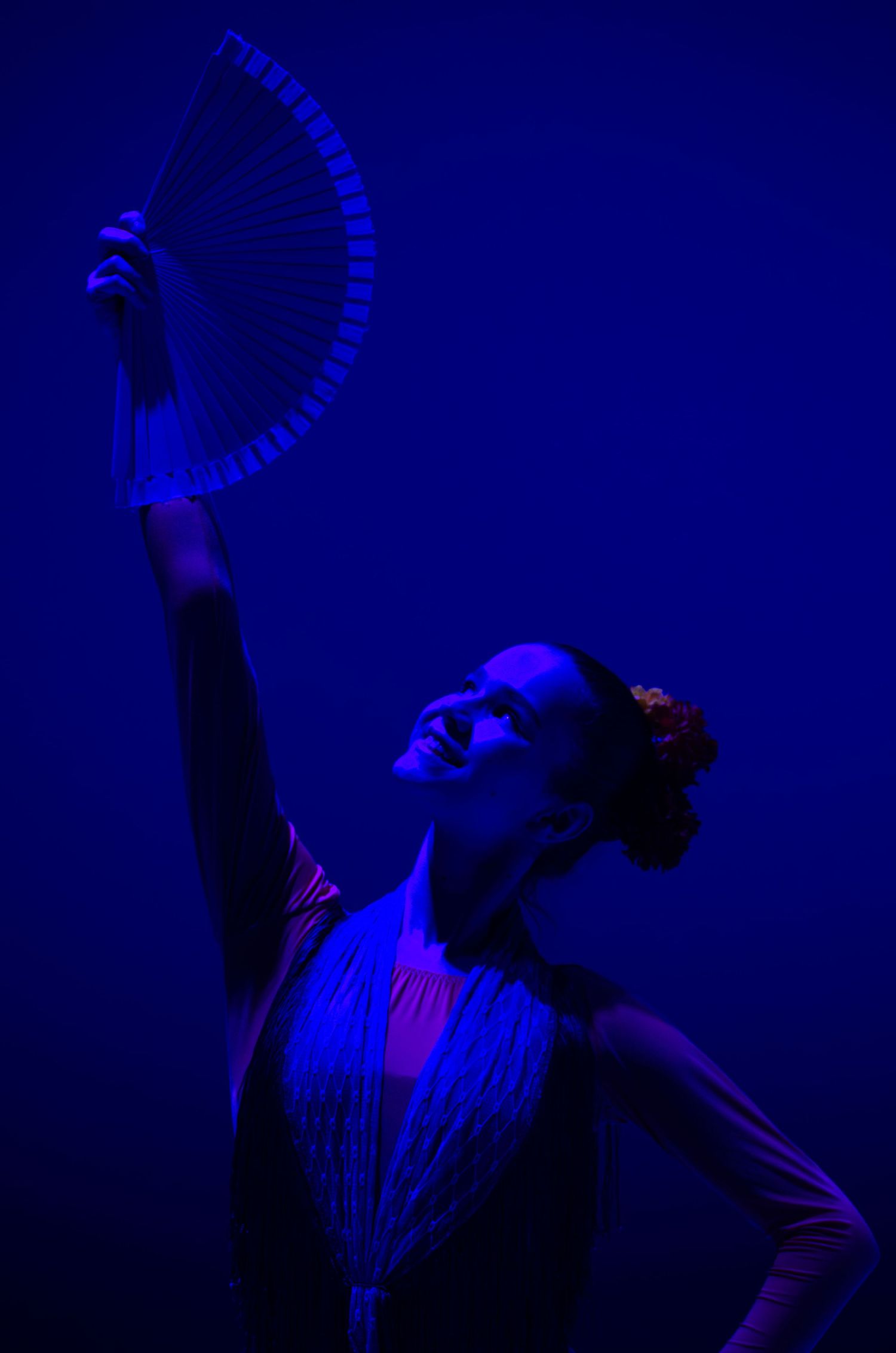 A sequence of silhouettes dancing against a deep blue background with dramatic lighting effects.