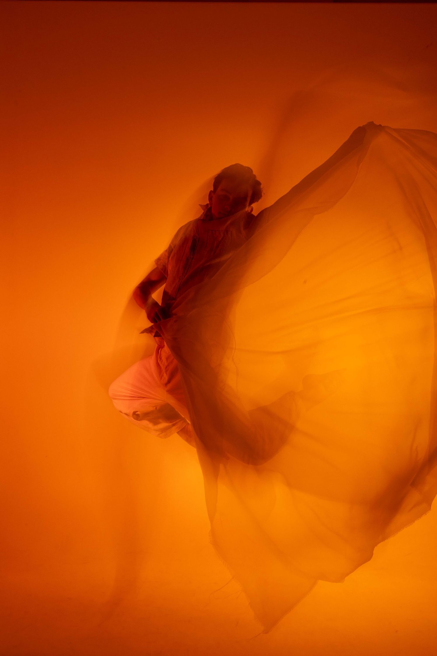 Abstract orange and red shapes create flowing silhouettes against a warm glowing background in an artistic sequence.