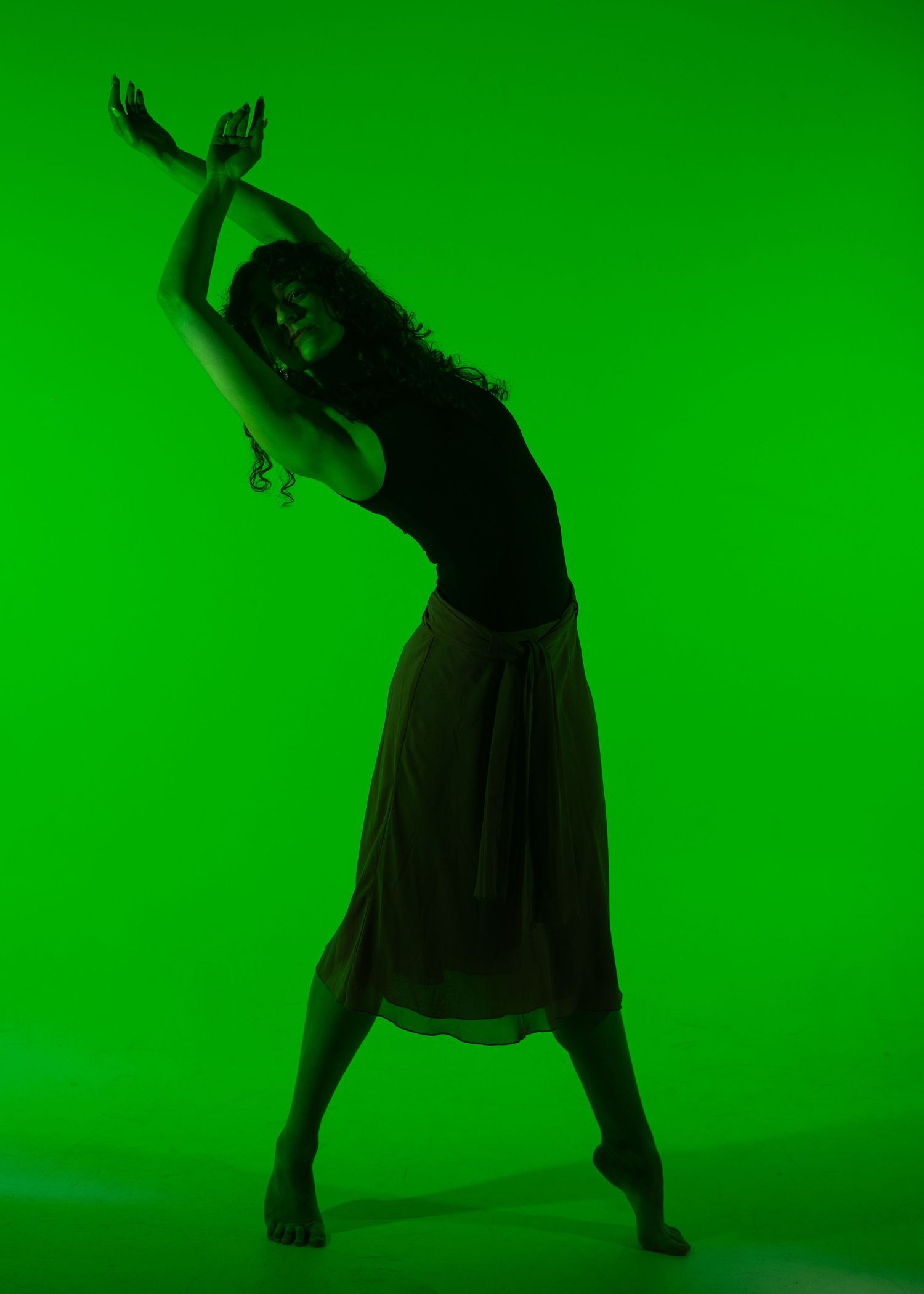 Dancer in silhouette poses gracefully against a vibrant green background wearing a flowing skirt.