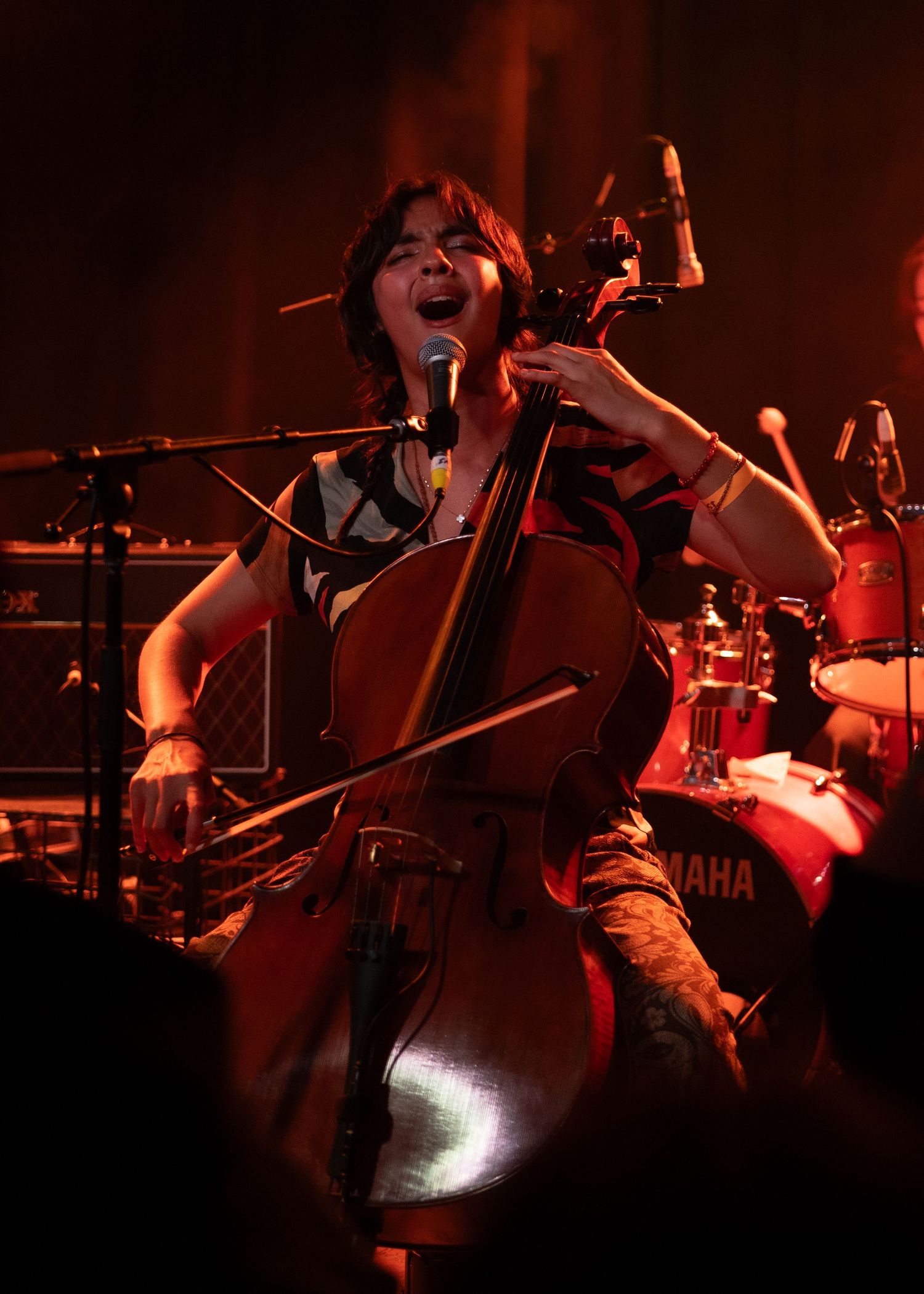Musician playing cello and singing into microphone on stage with dramatic red lighting at live concert.