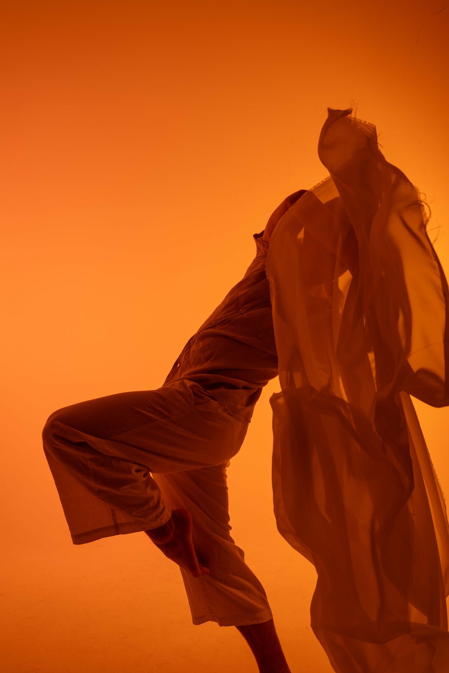Dynamic dance pose silhouette showing flowing movement against warm orange backdrop.