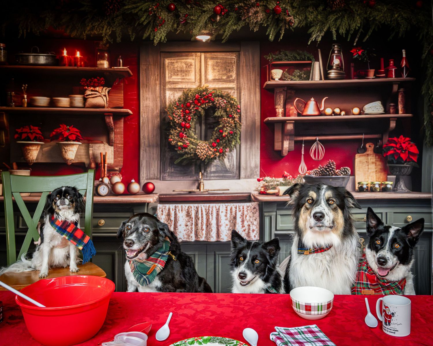 Five dogs wearing festive scarves pose together at a Christmas-decorated kitchen table.