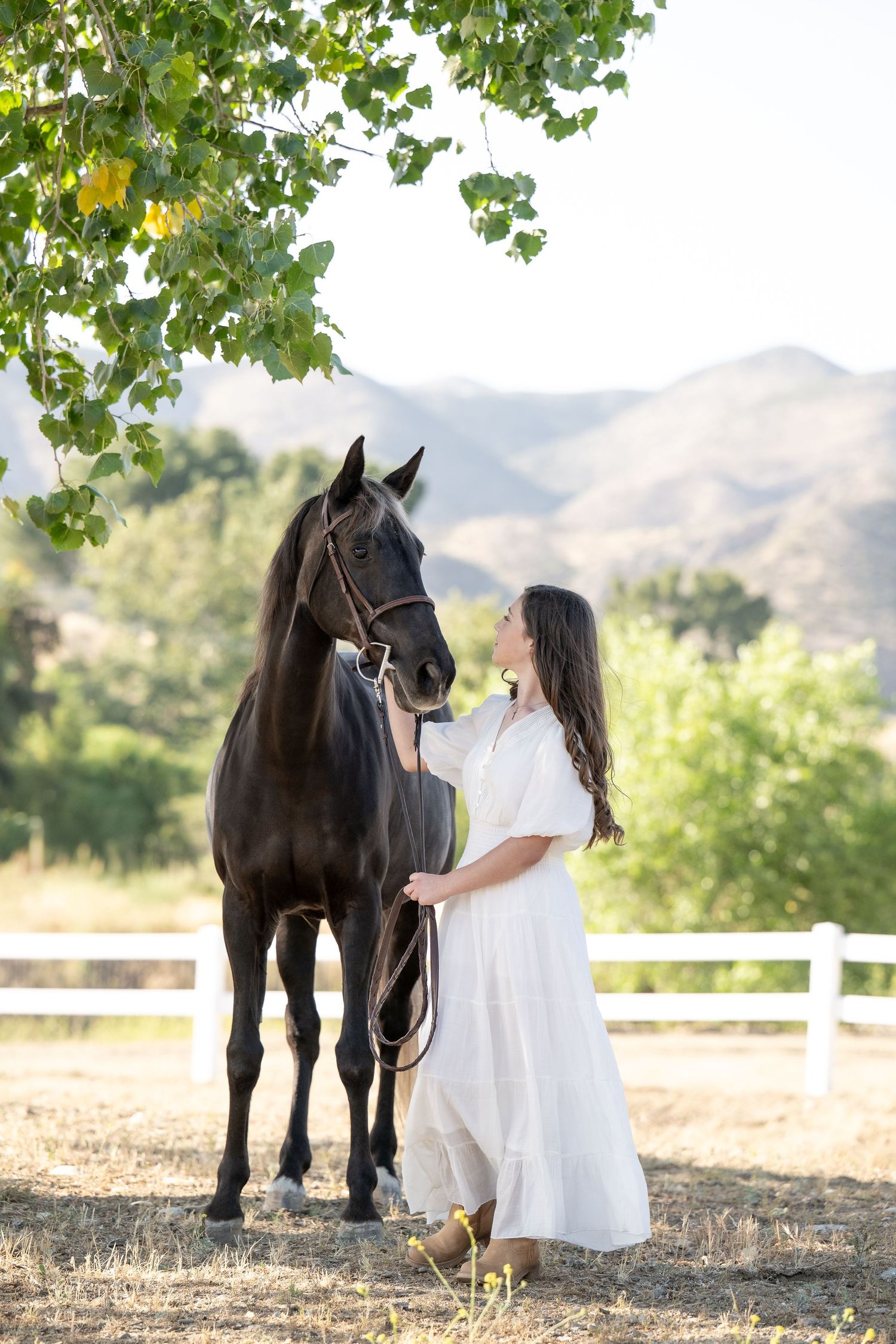 Woman in white dress tenderly interacts with a dark brown horse near a white fence with mountain backdrop.