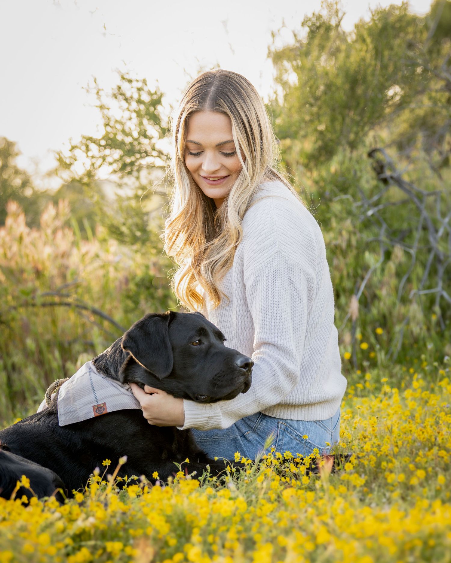 Smiling blonde woman in white sweater sitting in yellow wildflowers hugging a black Labrador dog.