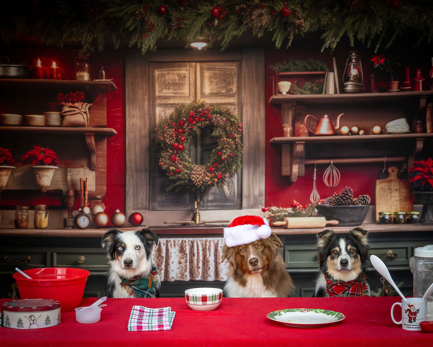 Three dogs, one wearing a Santa hat, pose at a Christmas kitchen table with holiday decor.
