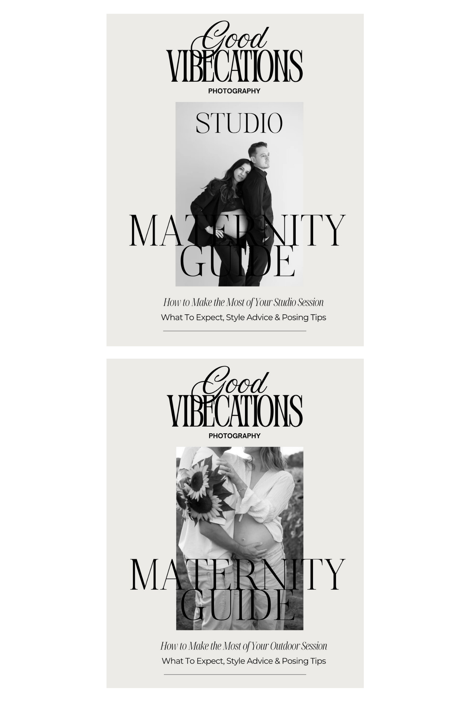 Good Vibecations Photography maternity guide covers showing studio and outdoor session style advice and posing tips.