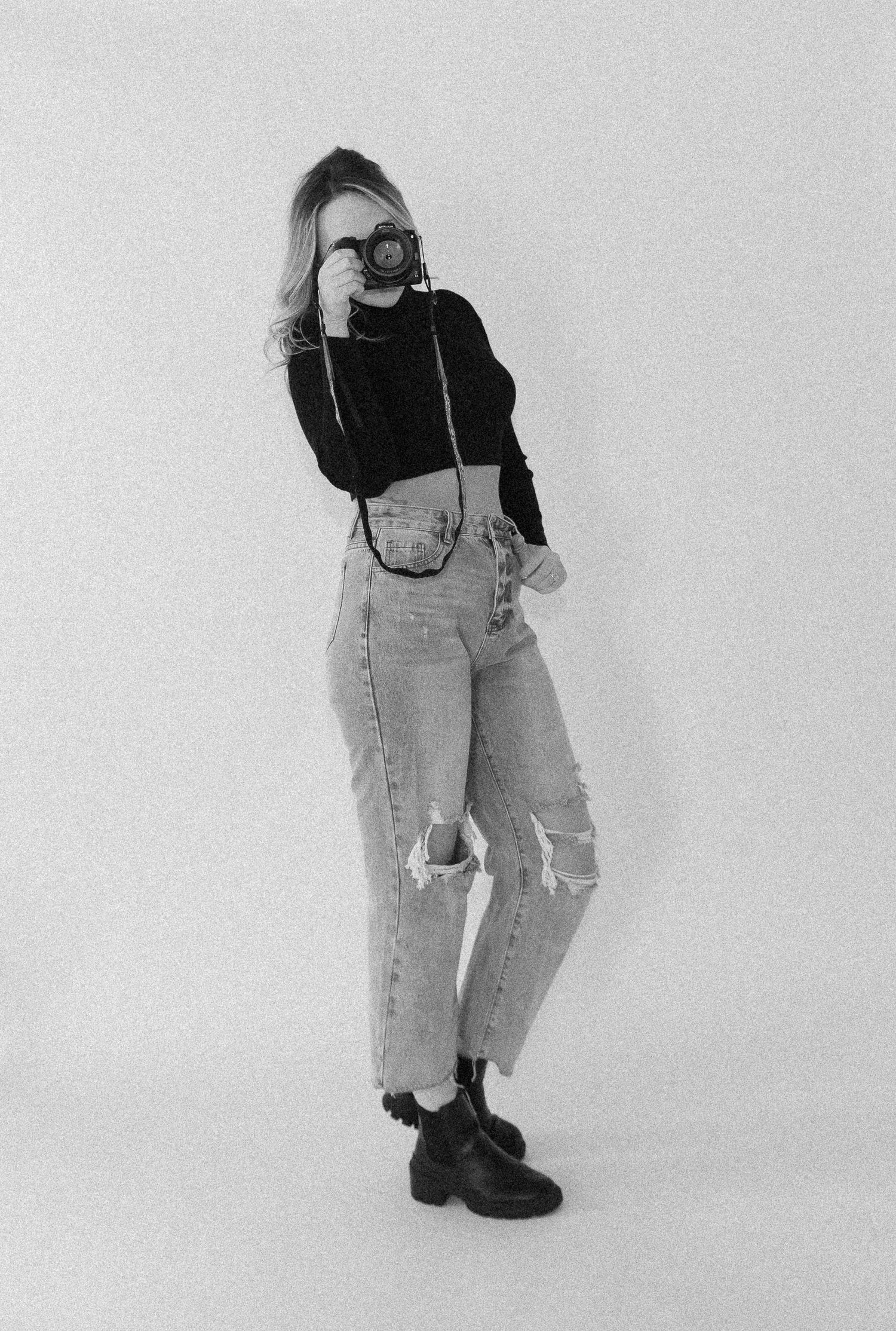 A series of casual fashion photos showing someone wearing distressed denim overalls and black boots against a white background.