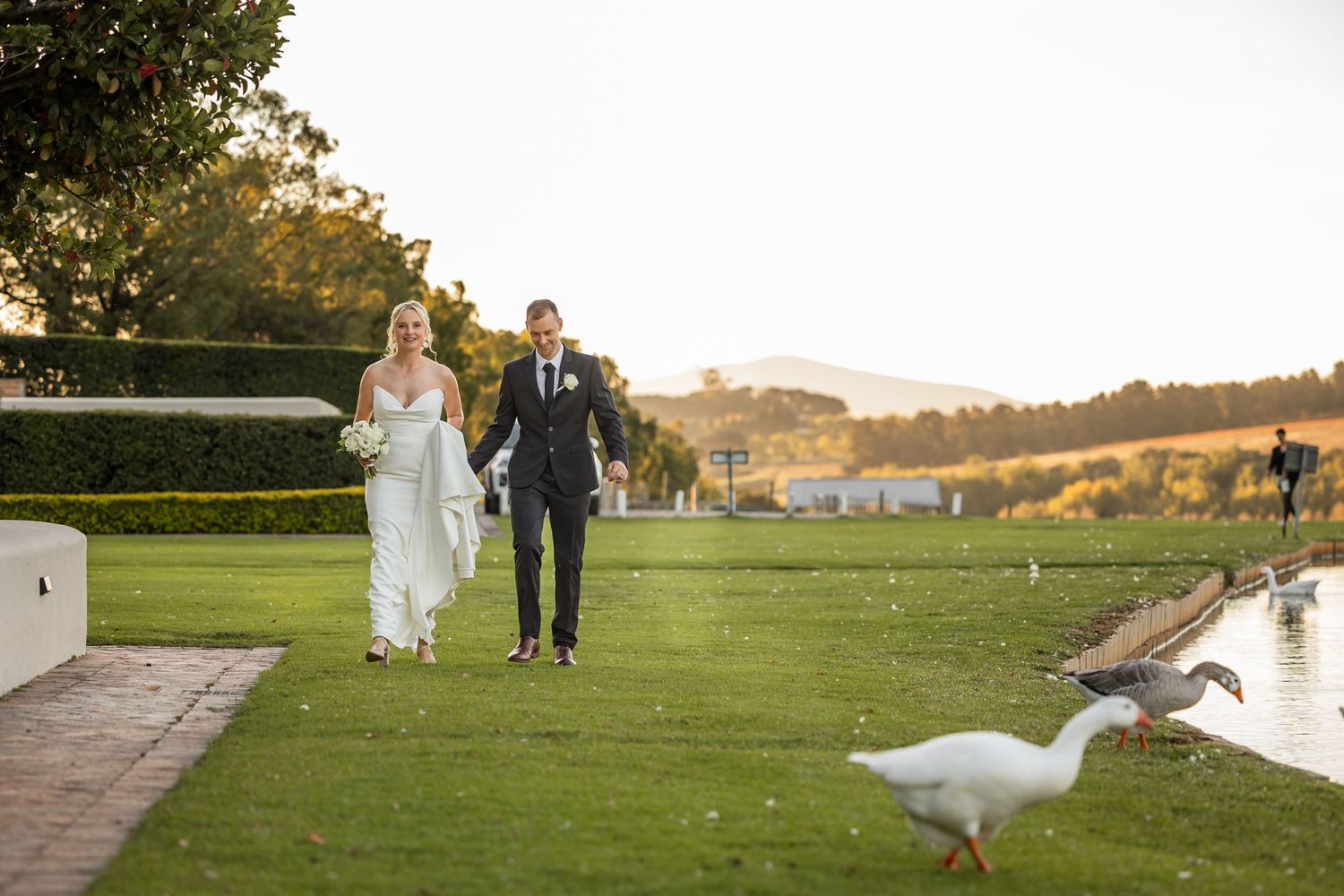 Panoramic sequence of wedding party and guests celebrating on a scenic lawn.