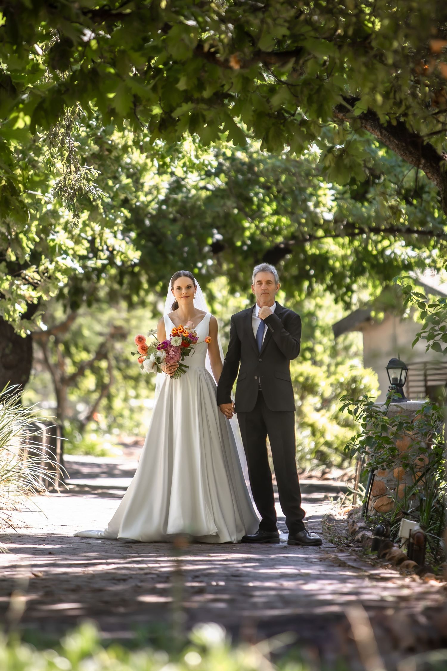 Wedding couple walking under tree-lined path with sunlight filtering through leaves.