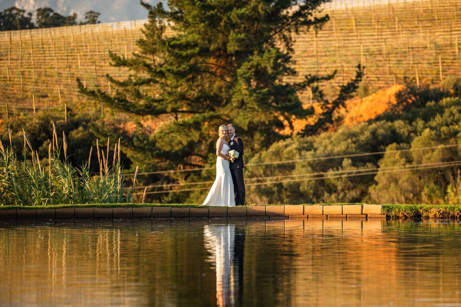 Couple stands at edge of serene pond with golden vineyard hillside and evergreen tree in background at sunset.