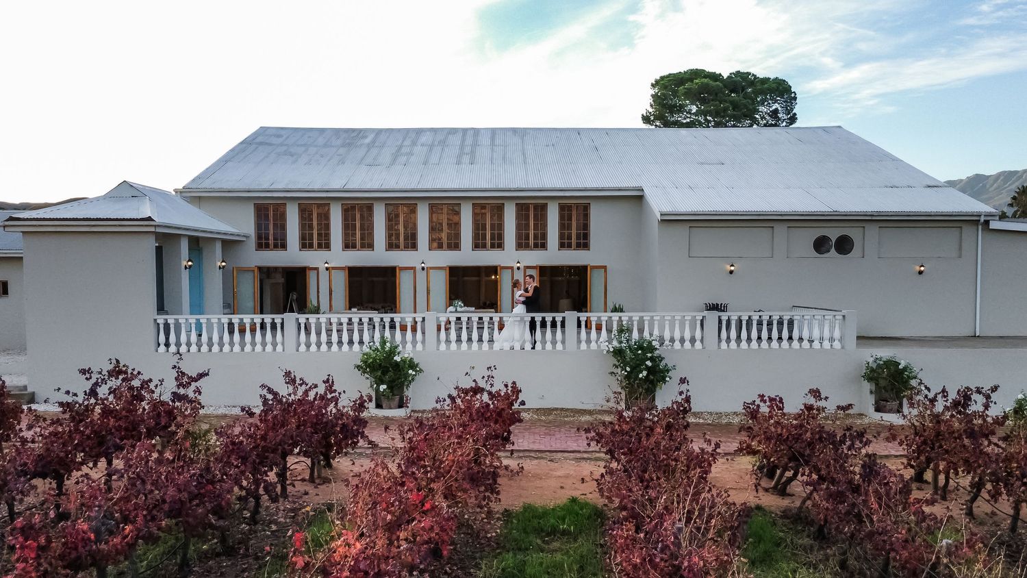 Charming white Cape Dutch farmhouse with white picket fence surrounded by red-leafed grapevines.