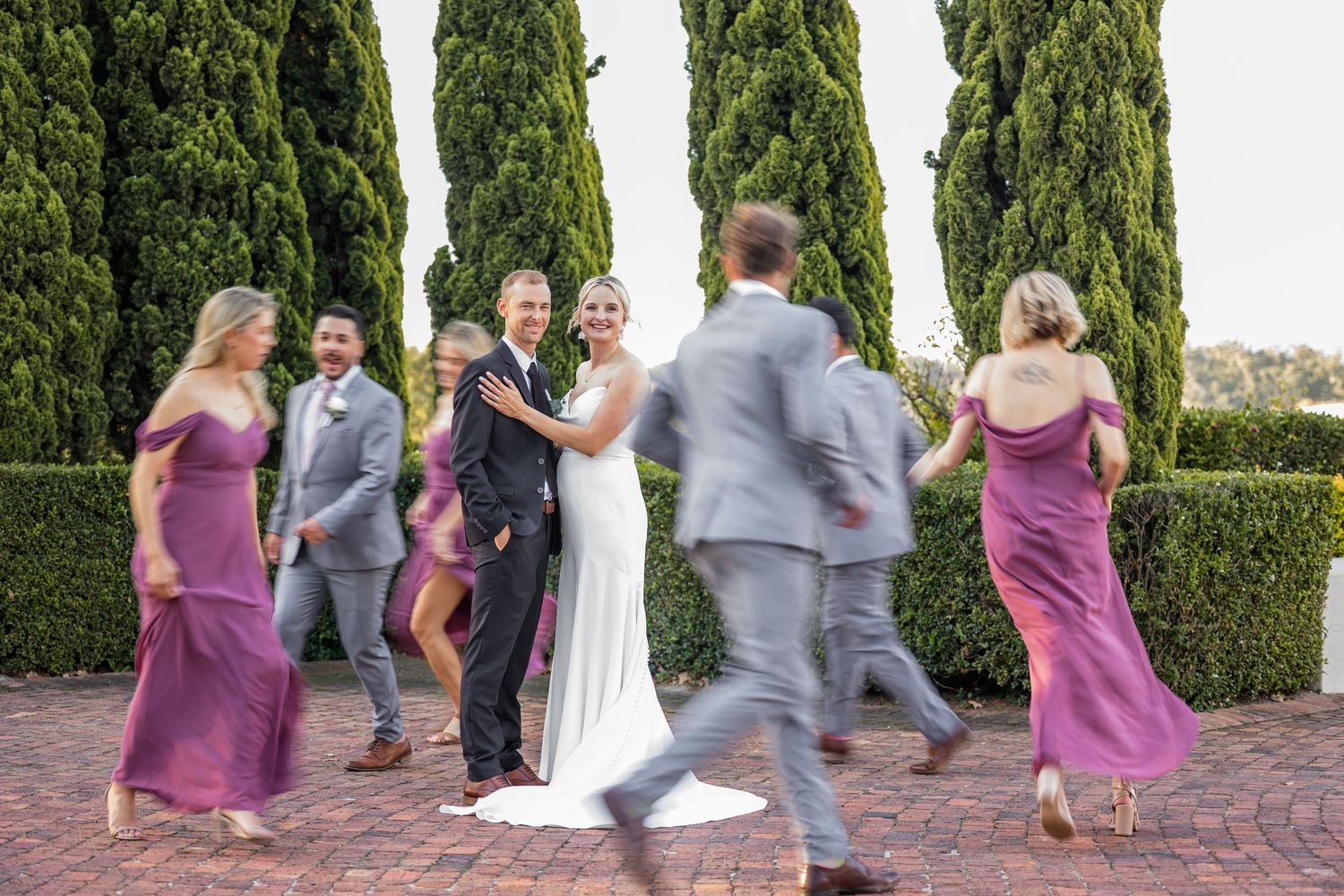 Wedding party in purple dresses and gray suits poses for photos in front of cypress trees.