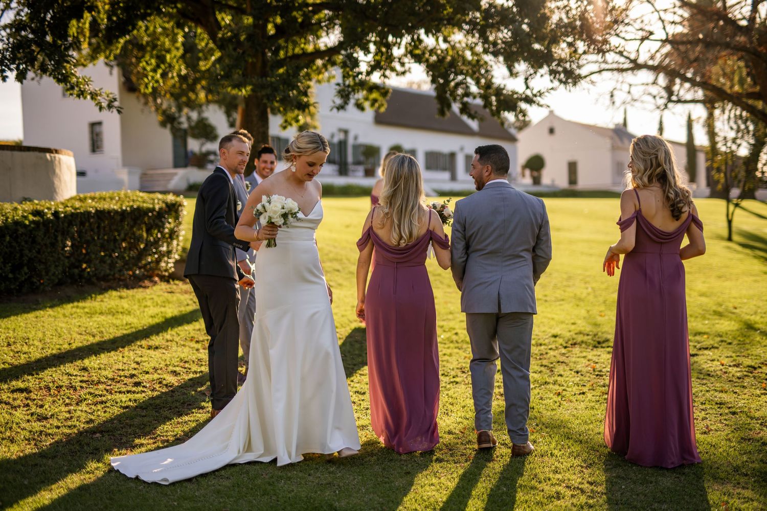Wedding party poses in golden sunset light on grassy lawn with trees in background.