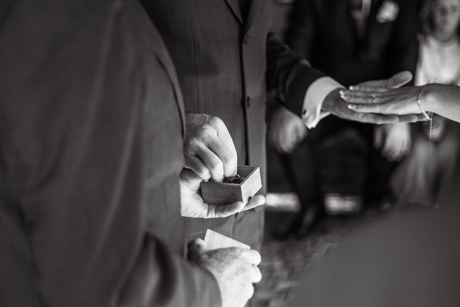 A series of black and white photos showing hands holding phones and taking pictures in a crowd at an event.