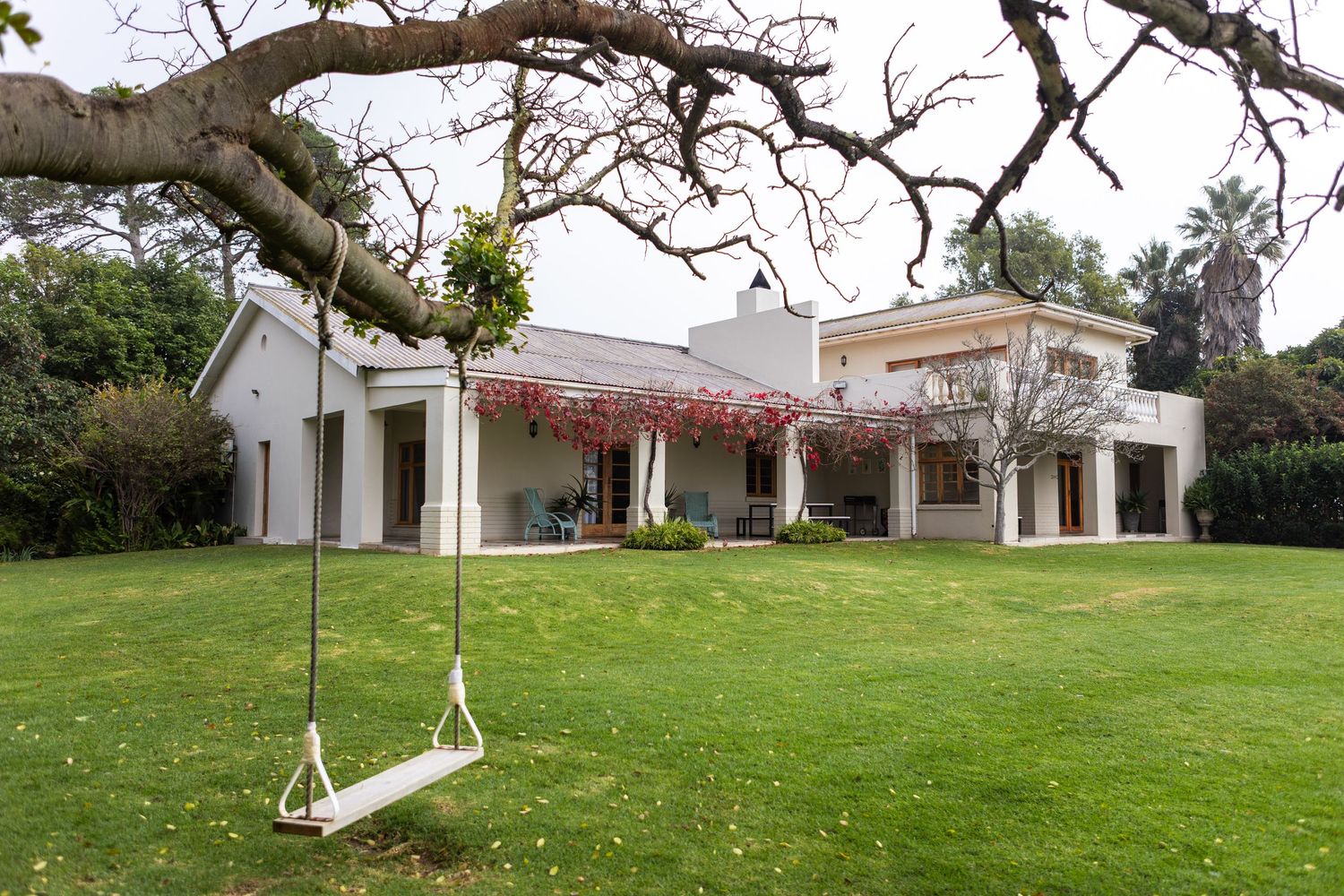 White ranch-style home with lush green lawn, tree swing, and flowering bougainvillea on covered patio.