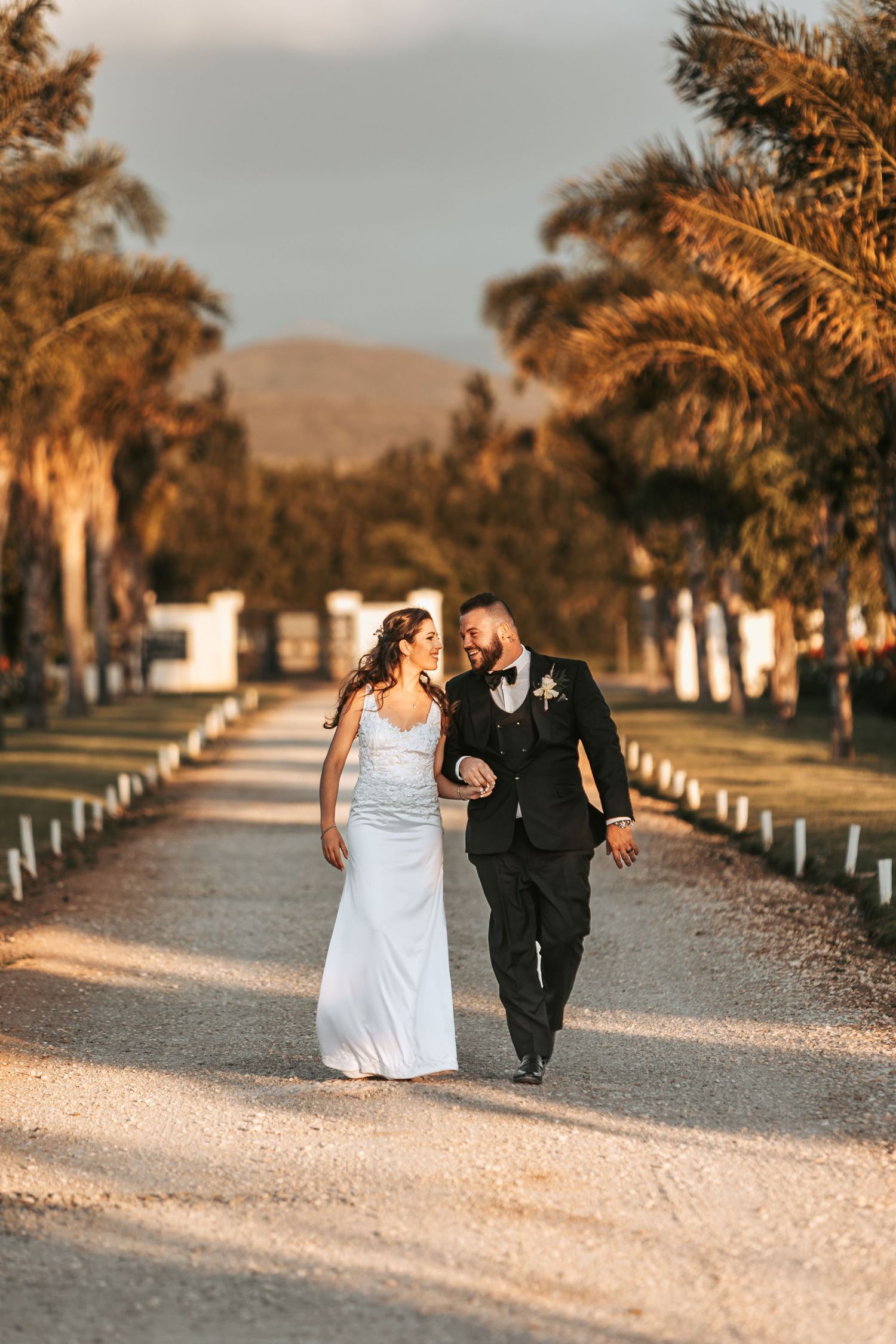 Newlyweds walking together on a scenic desert path lined with palm trees.