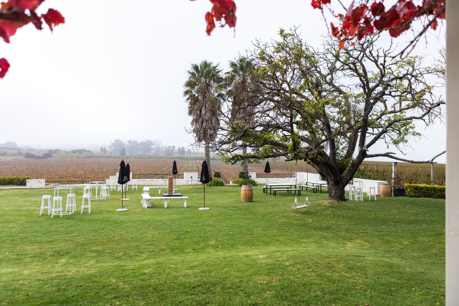 Elegant outdoor wedding venue with white chairs, tables, and umbrellas on lush green lawn beside a large tree.