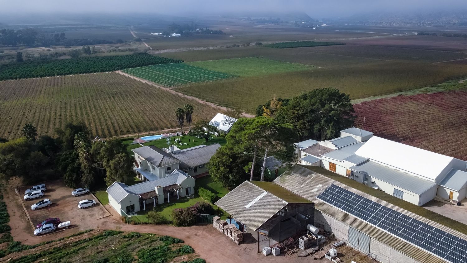 Aerial view of a farm estate with solar panels, white buildings, vineyards, and green fields in a rural landscape.