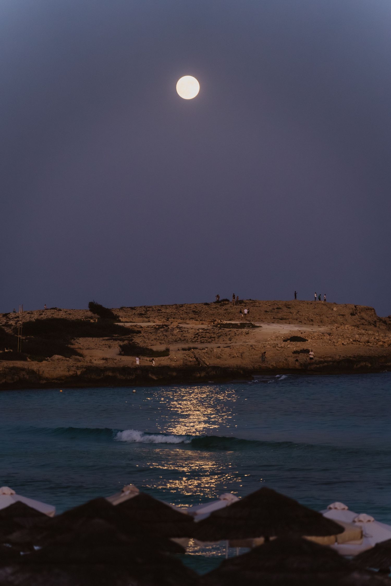 Full moon reflecting on ocean waters with rocky coastline silhouetted against night sky.