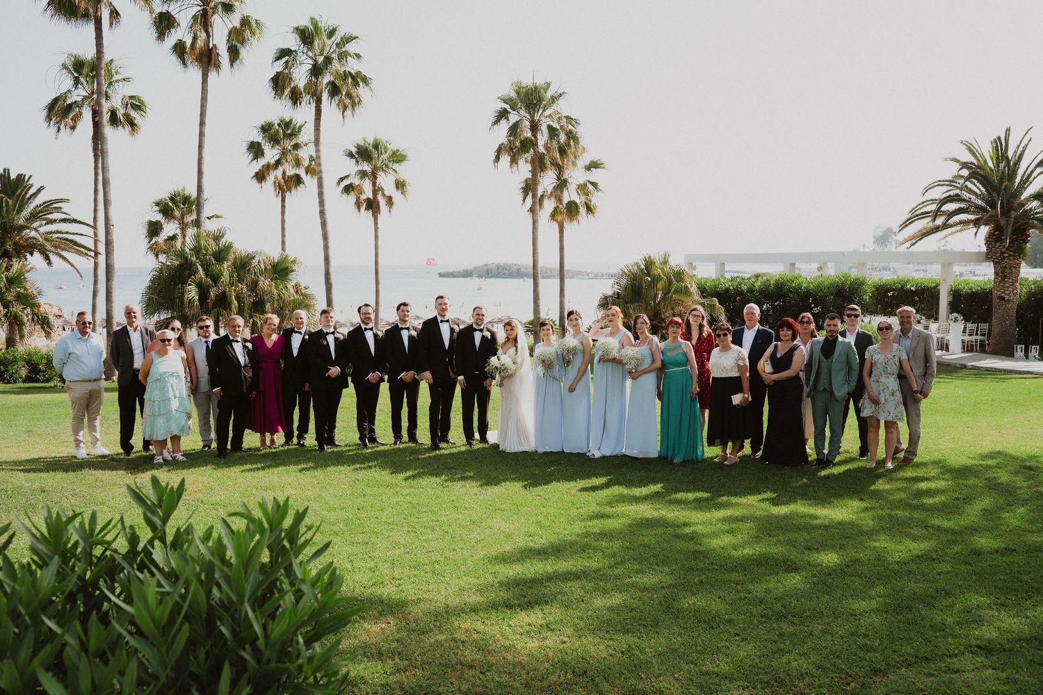 Wedding party posing on green lawn with palm trees and ocean view in sunny coastal setting.