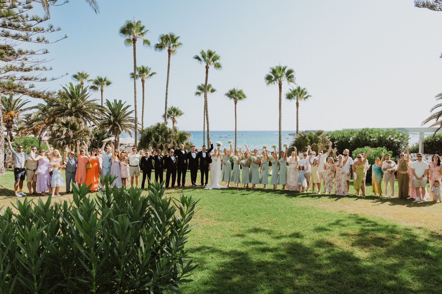 Wedding guests gather for group photo on oceanfront lawn with palm trees.