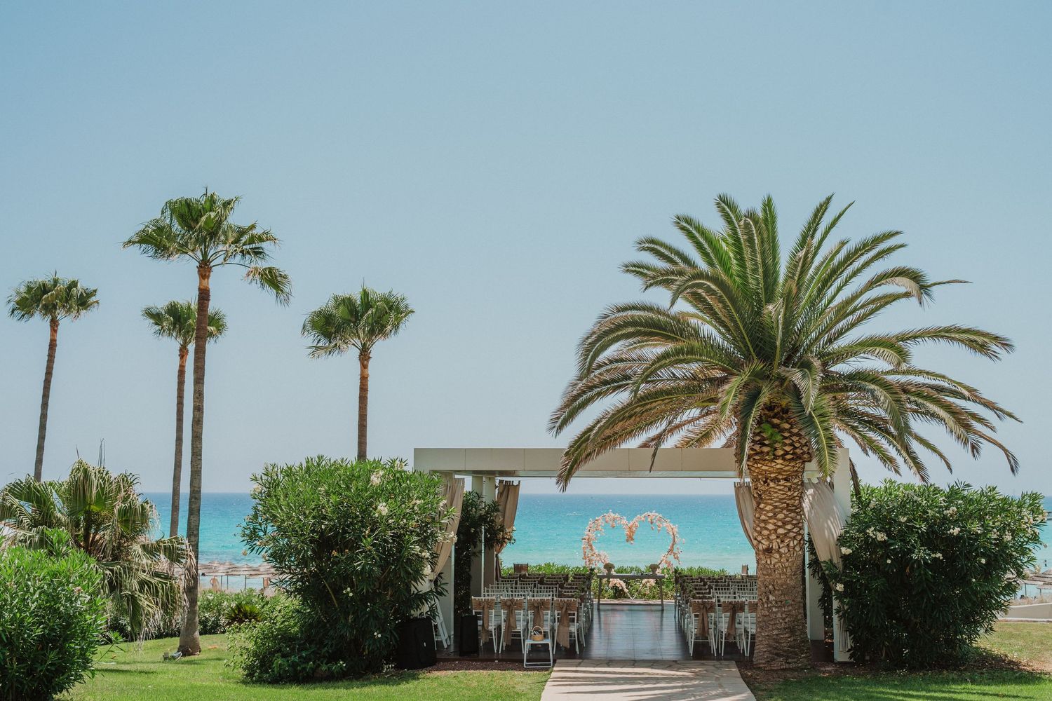 Tropical wedding venue pathway lined with palm trees leading to ocean view.