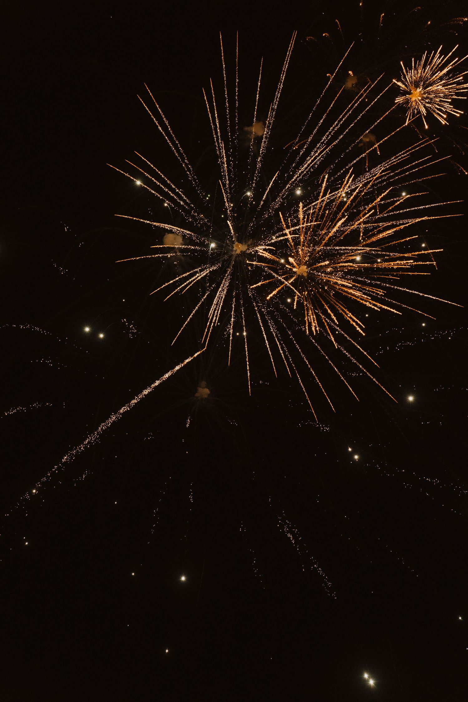 Golden fireworks bursting against a dark night sky with sparkling trails.