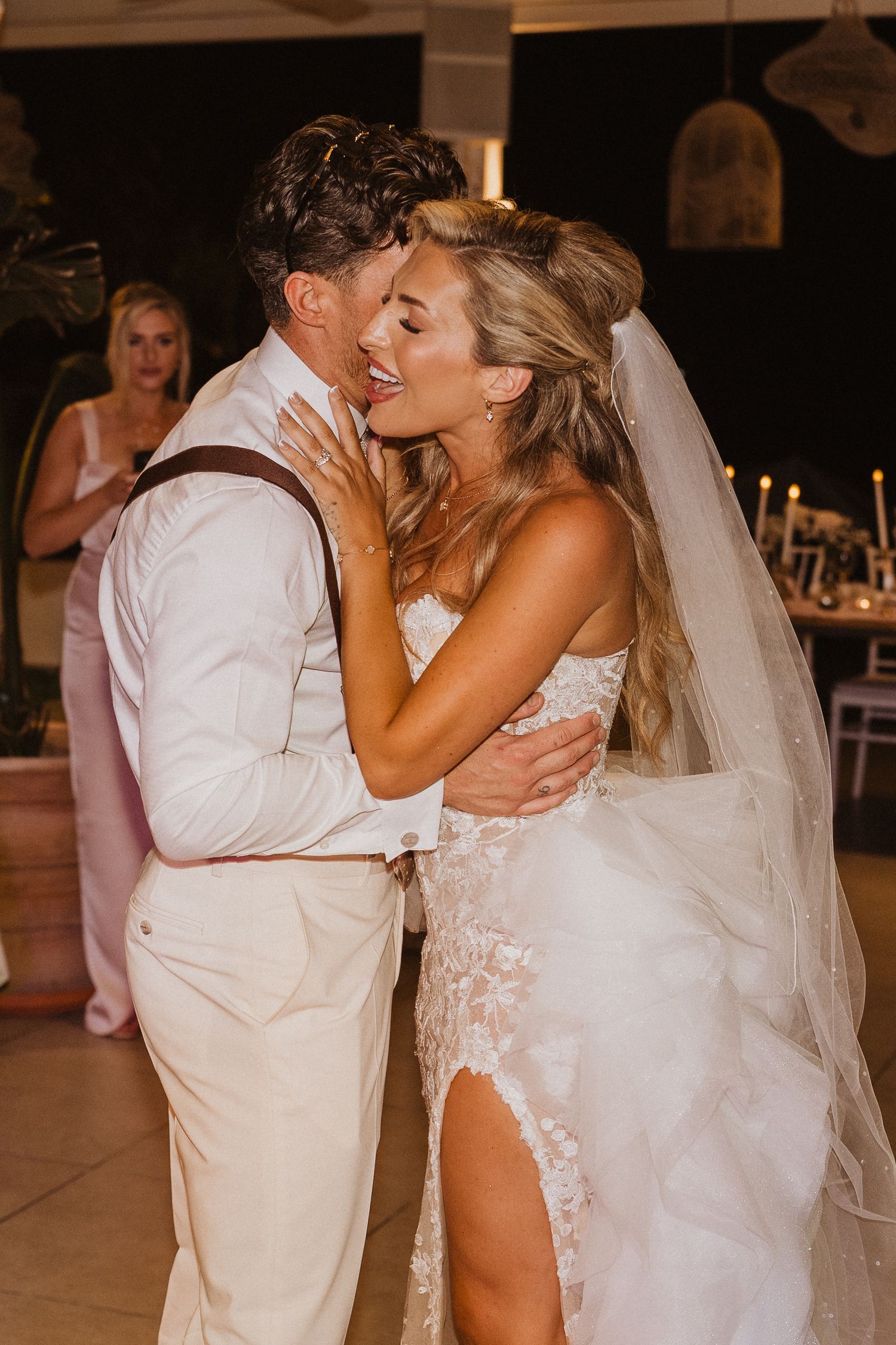 A sequence of romantic wedding dance photos showing tender moments between newlyweds on their special evening.