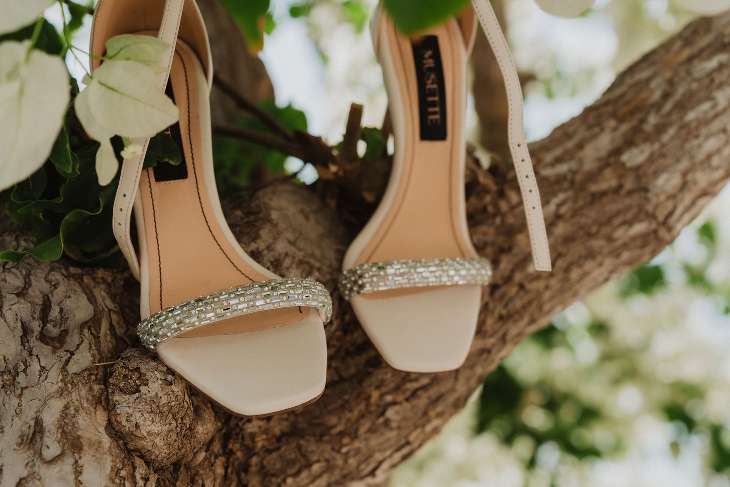 Elegant bridal heels with crystal embellishments resting on a tree branch outdoors.